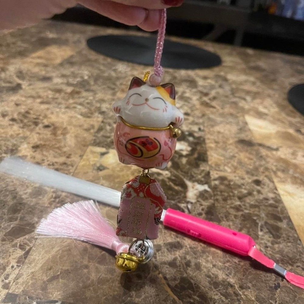 Pink and white lucky cat charm with gold accents Japanese Key chain